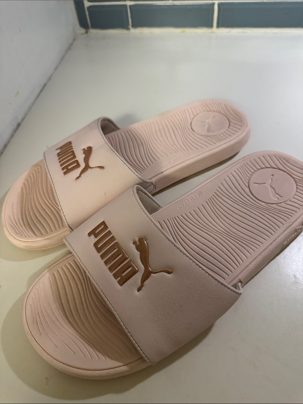 Puma Blush Pink Slide Sandals with Metallic Gold Logo